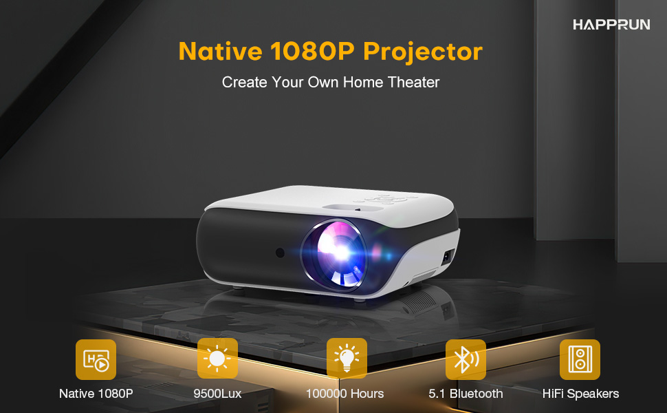 HAPPRUN Projector-Native 1080P Bluetooth Projector with 100''Screen-9500L Portable Outdoor Movie Projector Compatible with Smartphone-HDMI-USB-AV-Fire Stick-PS5-Stumbit Electronics
